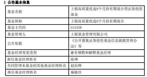 上银高质量优选9个月持有期混合增聘陈博 施敏佳离任