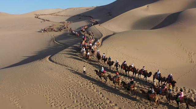 在大漠中行走的驼队。 图源:鸣沙山月牙泉景区公众号