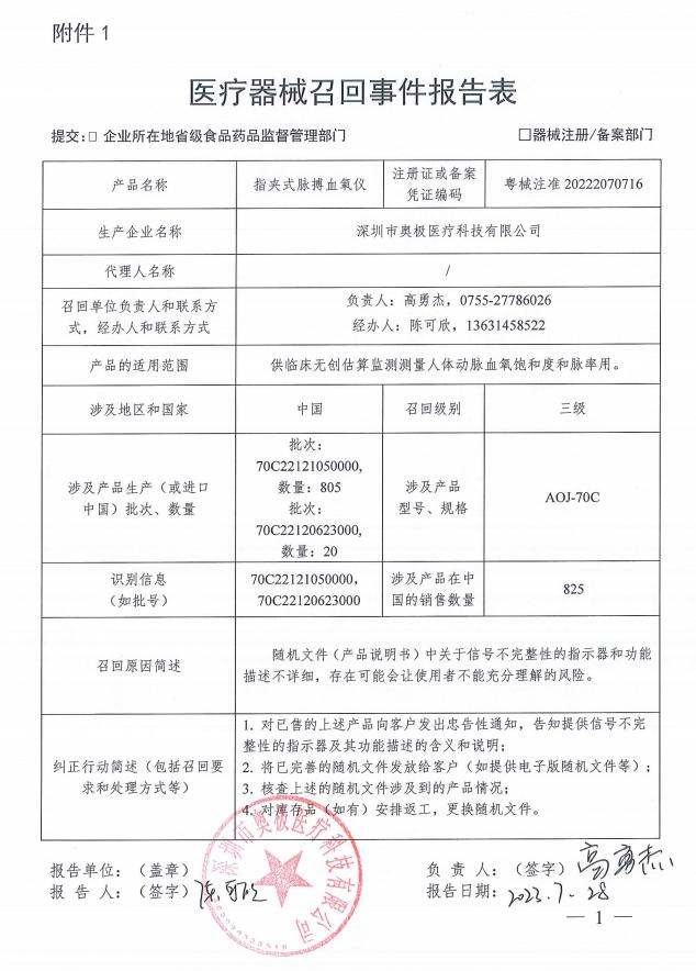 深圳市奥极医疗科技有限公司对指夹式脉搏血氧仪主动召回