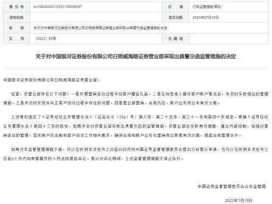 中国银河日照某营业部四项违规 收山东证监局警示函