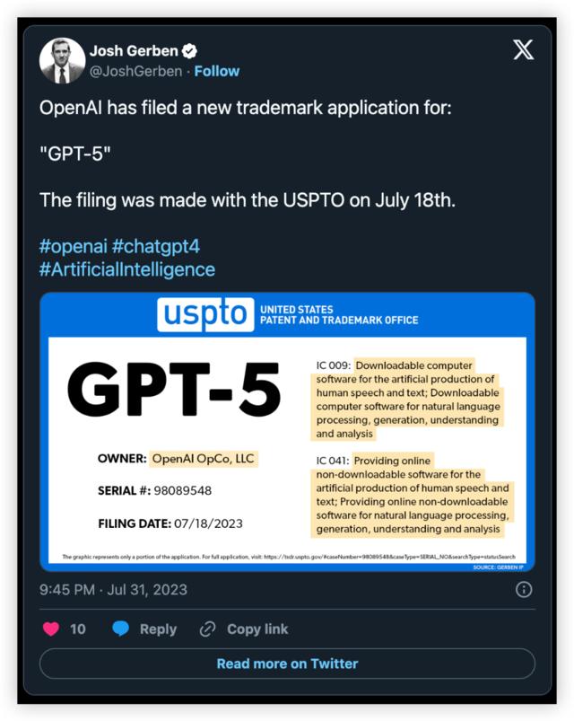 GPT-5要来了？OpenAI向美国专利局提交商标申请