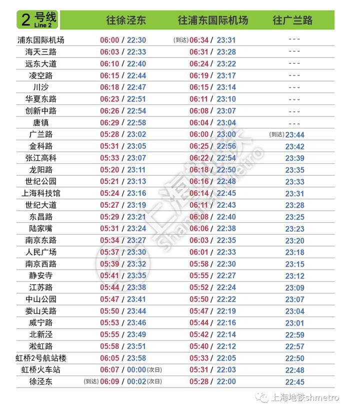 上海地铁2号线往浦东国际机场末班车延后30分钟 最新首末班车时刻表