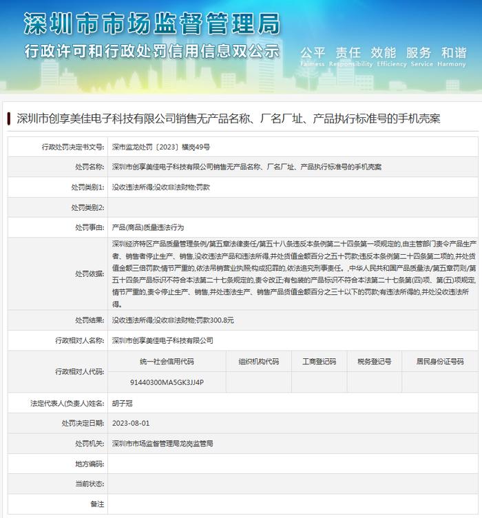 深圳市创享美佳电子科技有限公司销售无产品名称、厂名厂址、产品执行标准号的手机壳案