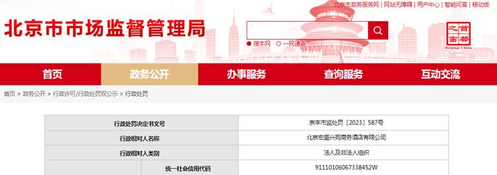 关于北京宏盛兴苑商务酒店有限公司的行政处罚决定书 京丰市监处罚〔2023〕587号