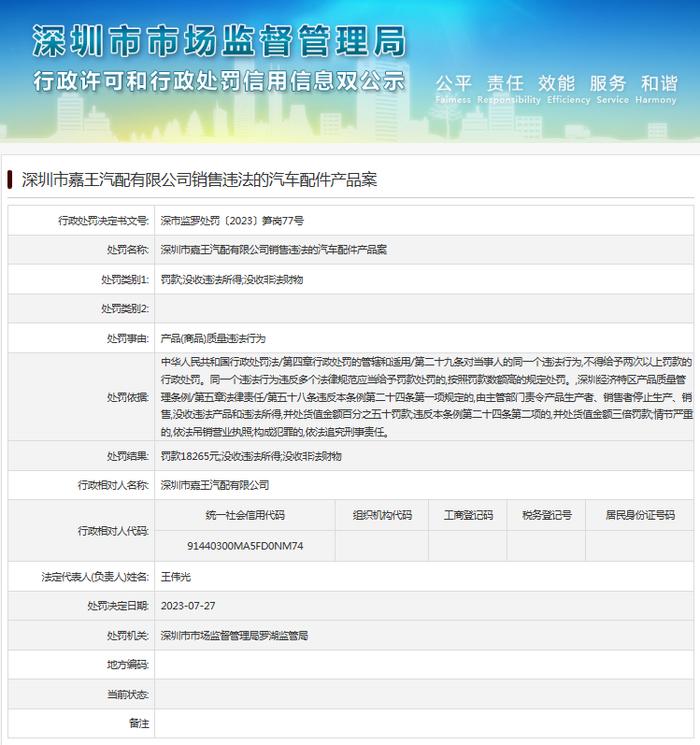 深圳市嘉王汽配有限公司销售违法的汽车配件产品案