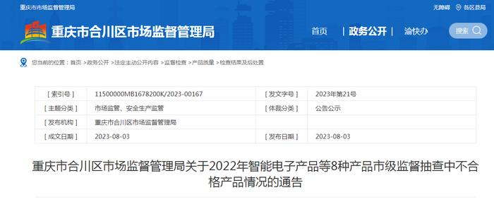 重庆市合川区市场监管局关于2022年智能电子产品等8种产品市级监督抽查中不合格产品情况的通告