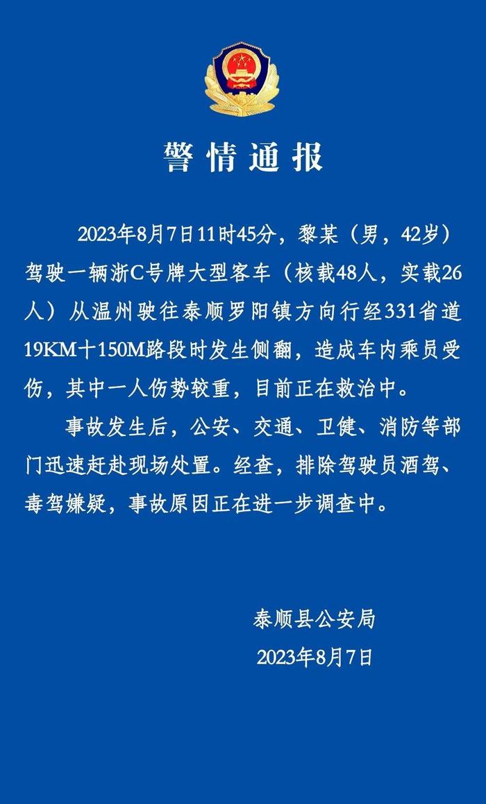 浙江温州泰顺公安：一辆客车发生侧翻造成车内乘员受伤，其中一人伤势较重