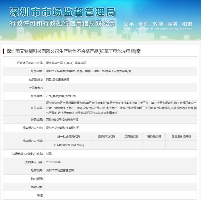 深圳市艾特能科技有限公司生产销售不合格产品（锂离子电池充电器）案