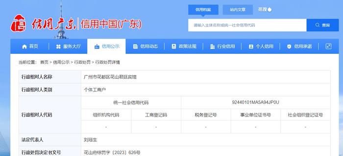 关于广州市花都区花山君廷宾馆的行政处罚信息