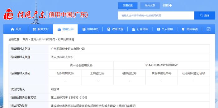 广州盈彩健康研究有限公司被罚款4500元