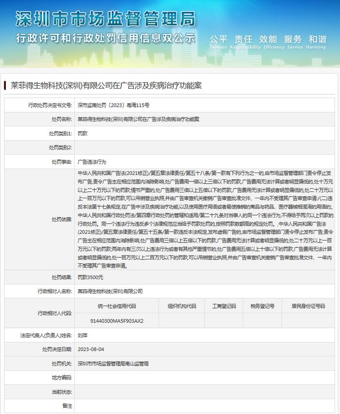 存在广告违法行为  莱菲得生物科技（深圳）有限公司被罚款3500元
