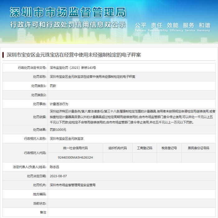 深圳市宝安区金元珠宝店在经营中使用未经强制检定的电子秤案