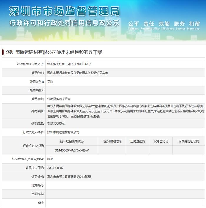 深圳市腾远建材有限公司使用未经检验的叉车案