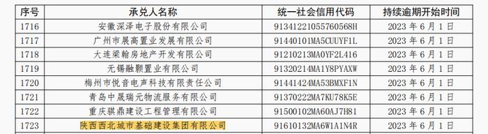 陕西西北城市基础建设集团有限公司因商票逾期连续5个月被公示