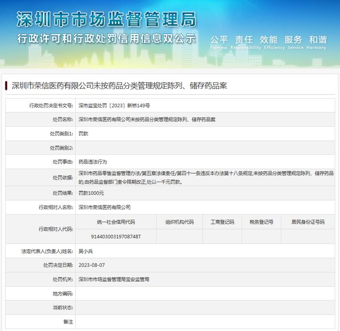 深圳市荣信医药有限公司未按药品分类管理规定陈列、储存药品案