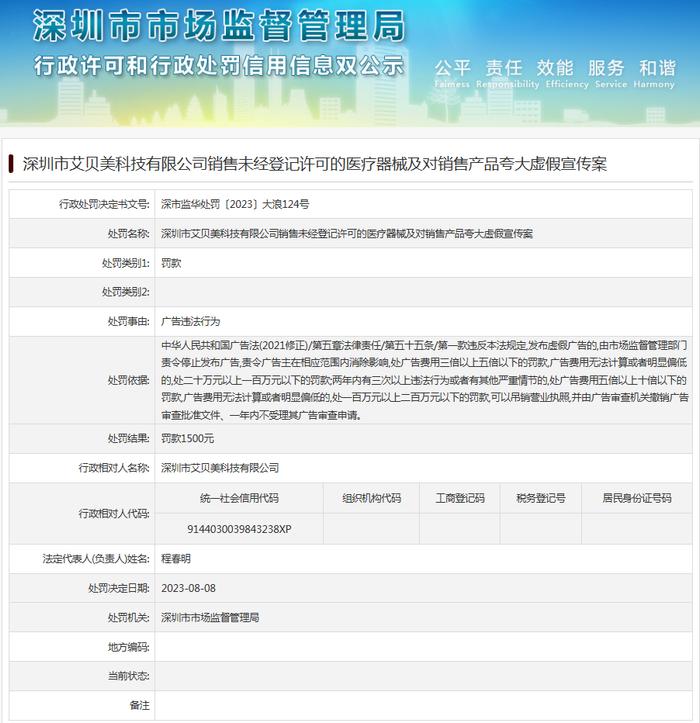 深圳市艾贝美科技有限公司销售未经登记许可的医疗器械及对销售产品夸大虚假宣传案