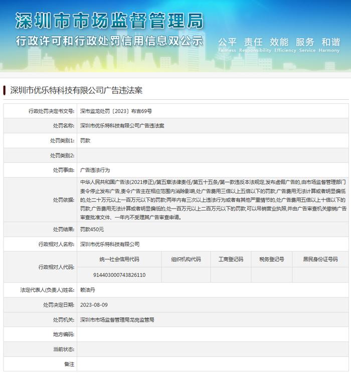深圳市优乐特科技有限公司广告违法案