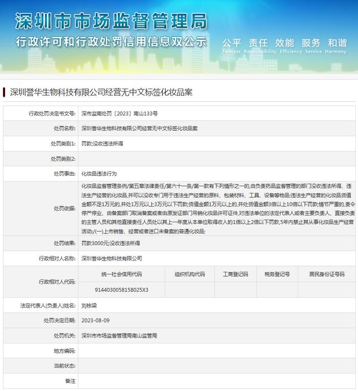 经营无中文标签化妆品  深圳誉华生物科技有限公司被罚款3000元