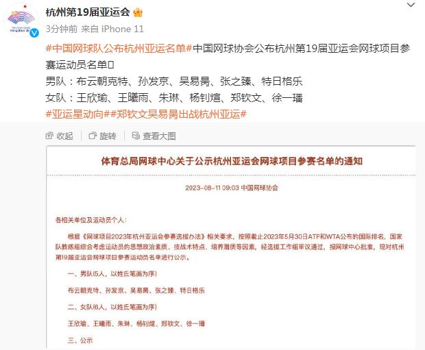 中国网球协会公布亚运会网球项目参赛运动员名单 吴易昺、张之臻等入选