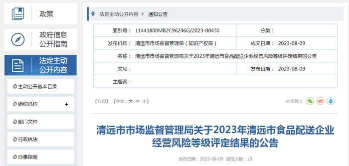 2023年广东省清远市食品配送企业经营风险等级评定结果公布
