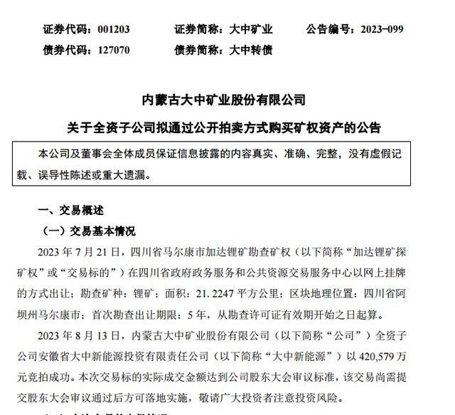 大中矿业42亿买下四川锂矿 将用铁矿业务现金流和贷款融资方式支付款项