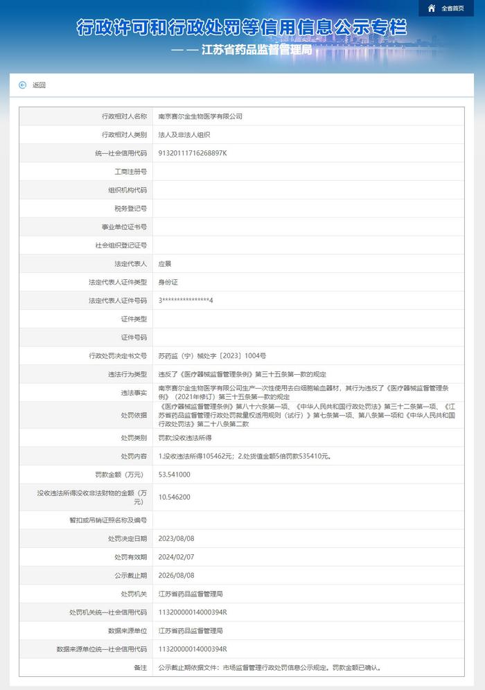 江苏省药品监督管理局对南京赛尔金生物医学有限公司作出行政处罚