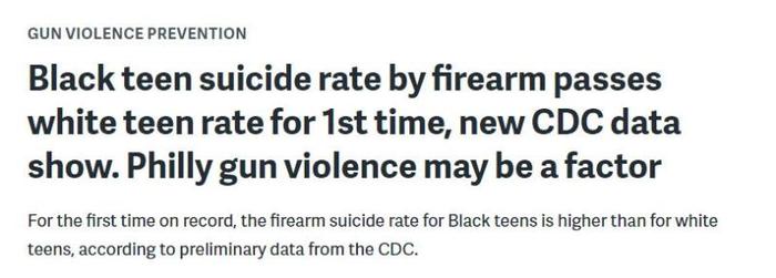 美国黑人青少年枪支自杀率首次超白人