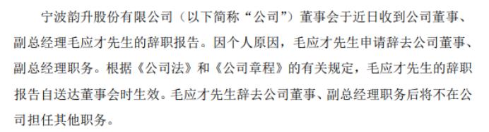 宁波韵升副总经理毛应才辞职 2022年公司净利3.56亿