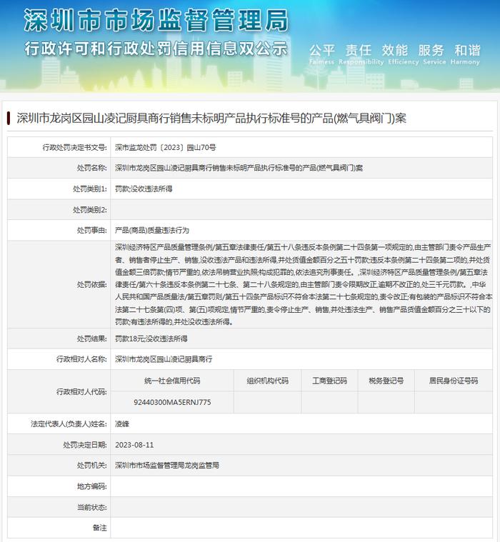 深圳市龙岗区园山凌记厨具商行销售未标明产品执行标准号的产品（燃气具阀门）案