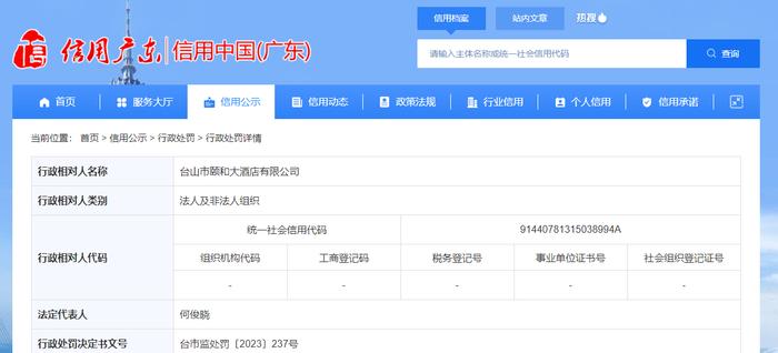 广东省台山市市场监督管理局对台山市颐和大酒店有限公司作出行政处罚