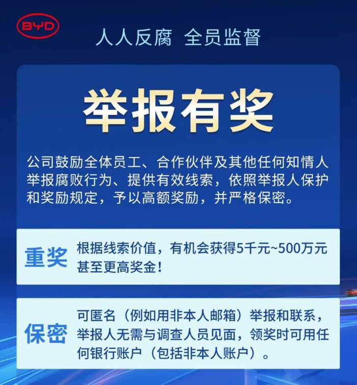 比亚迪重金反腐！匿名举报，奖金5千～500万，甚至更多！