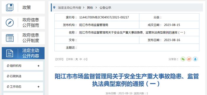 广东阳江市市场监督管理局关于安全生产重大事故隐患、监管执法典型案例的通报