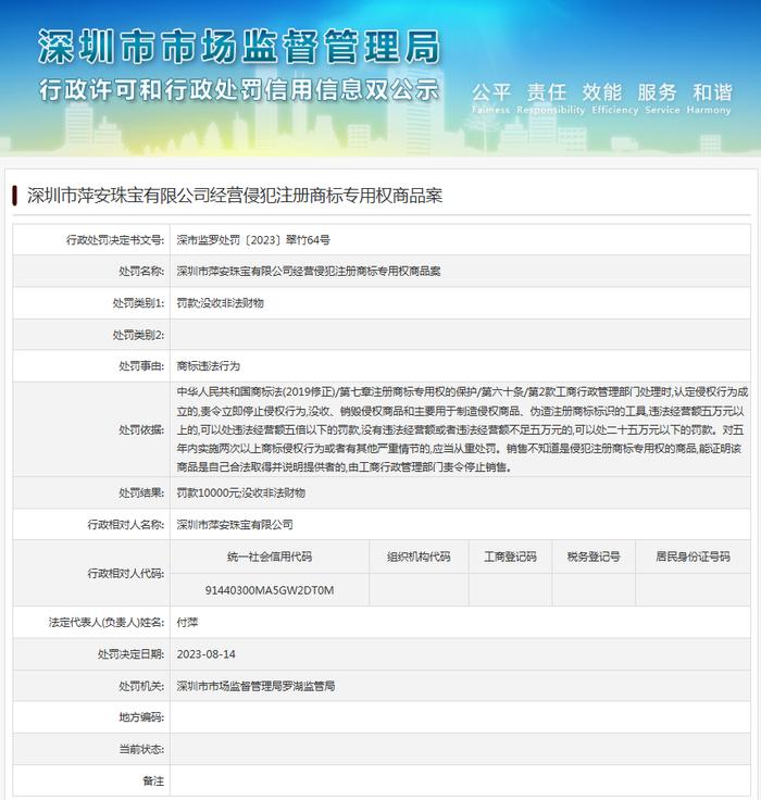 深圳市萍安珠宝有限公司经营侵犯注册商标专用权商品案