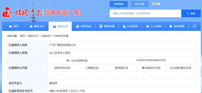 关于广州广梅物流有限公司的行政处罚信息 (穗云-08)应急罚〔2023〕25号