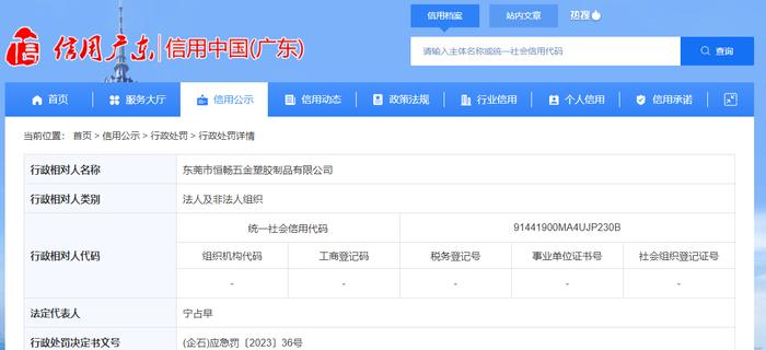 东莞市恒畅五金塑胶制品有限公司被罚款5000元