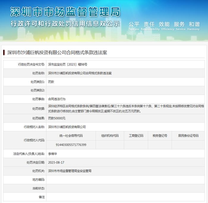 深圳市沙浦巨帆投资有限公司合同格式条款违法案