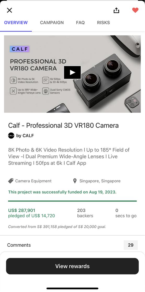 唱吧旗下开飞（Calf）3D VR180相机海外众筹成功，成绩喜人、前景可期！