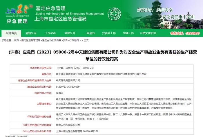中天建设集团有限公司作为对安全生产事故发生负有责任的生产经营单位被罚