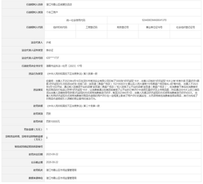 【广东】湛江市霞山区威爱饮品店被罚款10000元