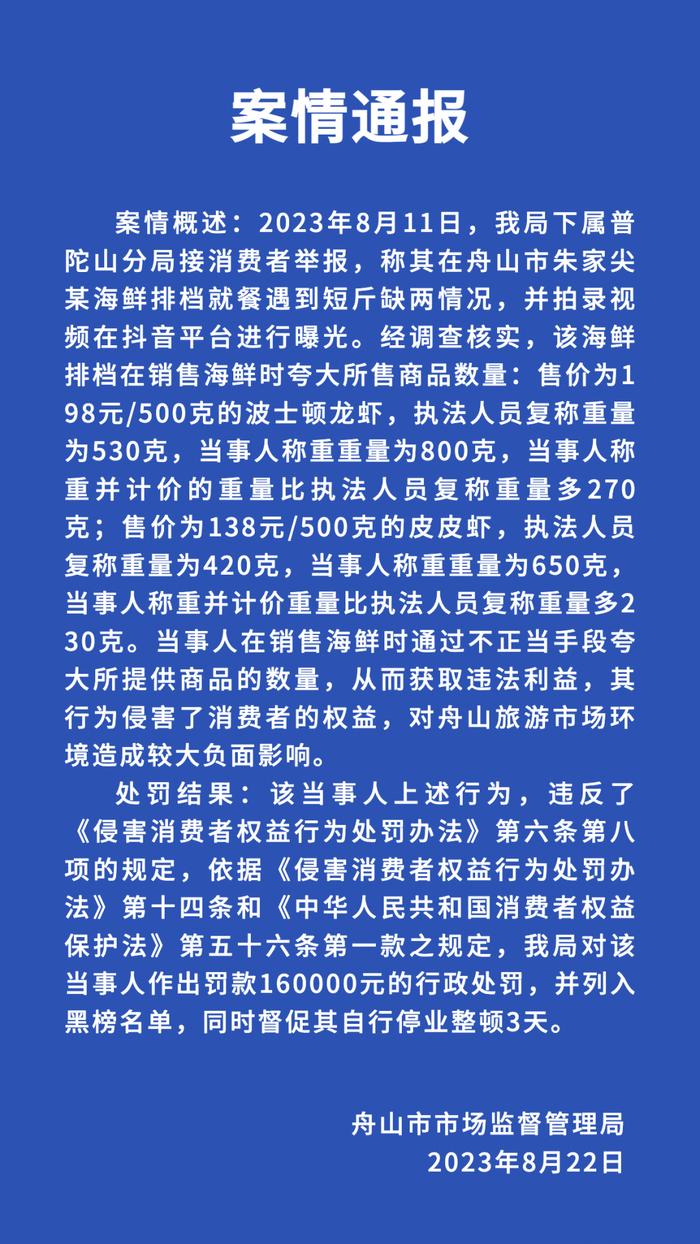 浙江舟山通报“某海鲜排档短斤缺两”：罚款16万并列入黑榜名单