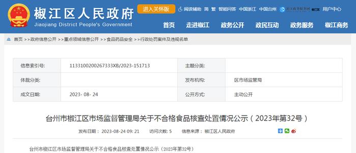 浙江省台州市椒江区市场监督管理局关于不合格食品核查处置情况公示（2023年第32号）