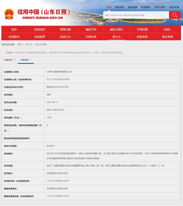 因御景华府项目存安全隐患，日照两家公司被处罚