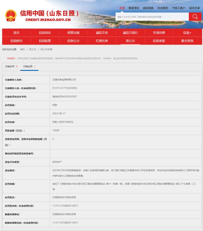 因御景华府项目存安全隐患，日照两家公司被处罚