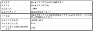 关于新增嘉实6个月理财债券基金经理的公告