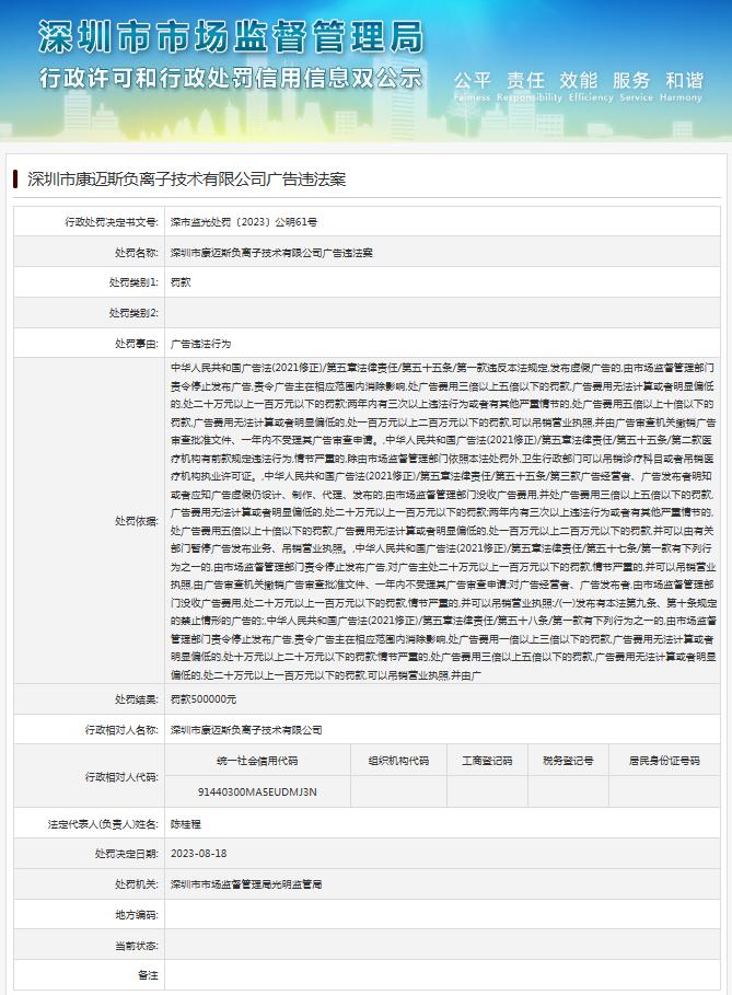 广告违法  深圳市康迈斯负离子技术有限公司被罚款500000元