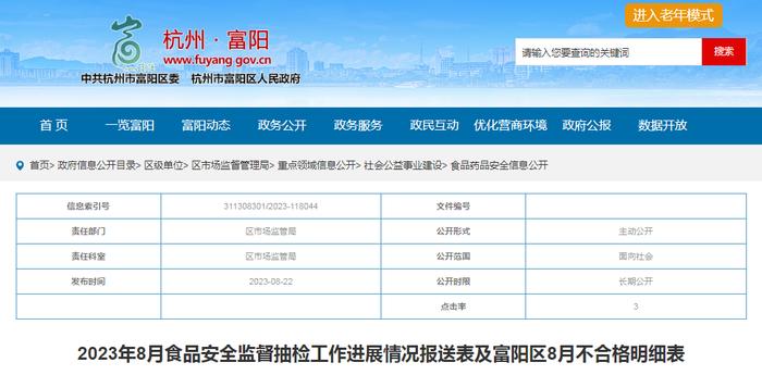 杭州市富阳区2023年8月食品安全监督抽检工作进展情况报送表及8月不合格明细表