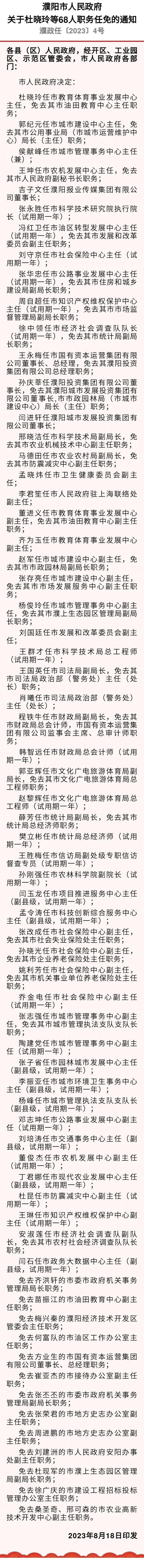 市政府关于杜晓玲等68人职务任免的通知