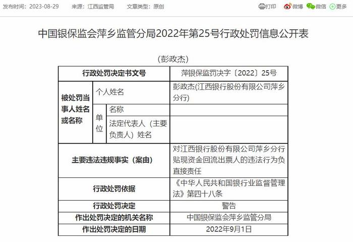 江西银行萍乡3家分支机构收7罚单 贷款资金被挪作他用