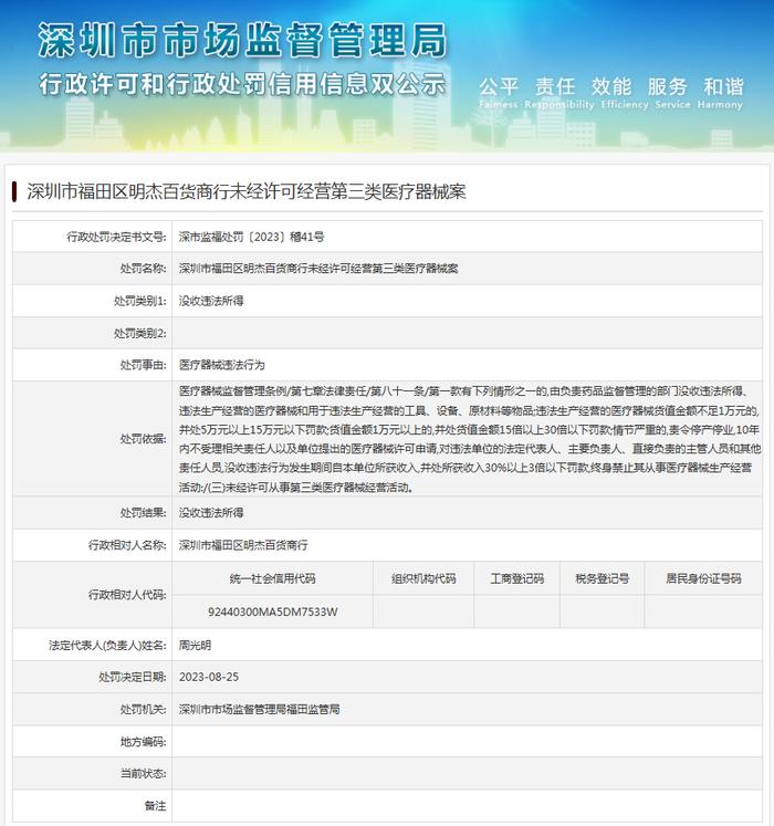 深圳市福田区明杰百货商行未经许可经营第三类医疗器械案