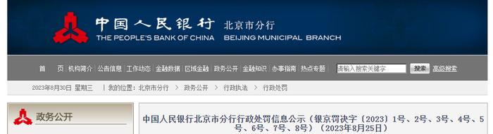 中国人民银行北京市分行行政处罚信息公示（银京罚决字〔2023〕1号、2号、3号、4号、5号、6号、7号、8号）（2023年8月25日）